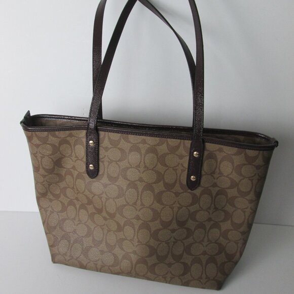 Coach Signature City Zip Tote Bag Logo All-Over Pattern Brown Jacquard F21974 - Picture 3 of 8